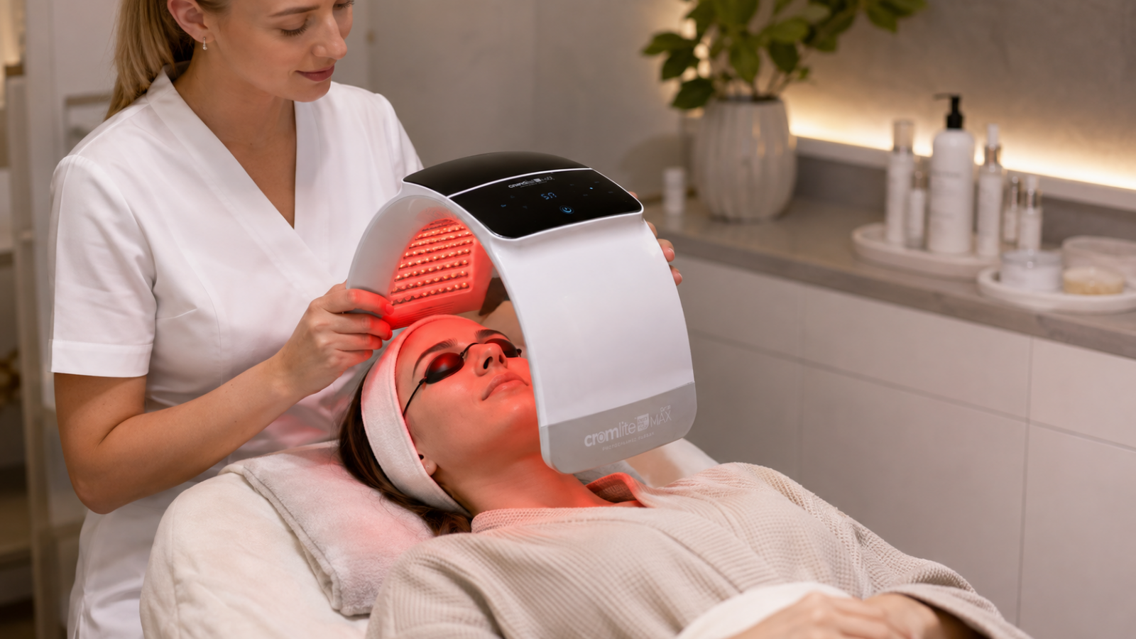 Cosmetologul efectuează o procedură facială cu lumină LED roșie și aparatul CROMLITE MAX